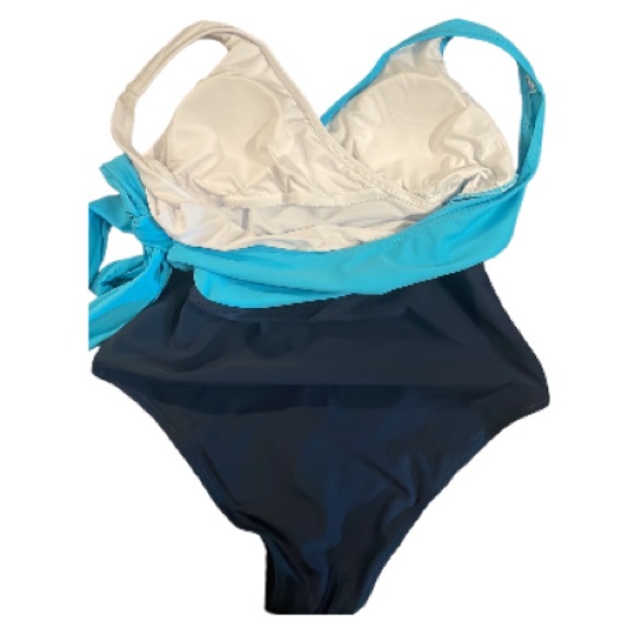 CUPSHE One Piece Blue Swimsuit Wrap Color Block with Tie Size Medium - Picture 11 of 16